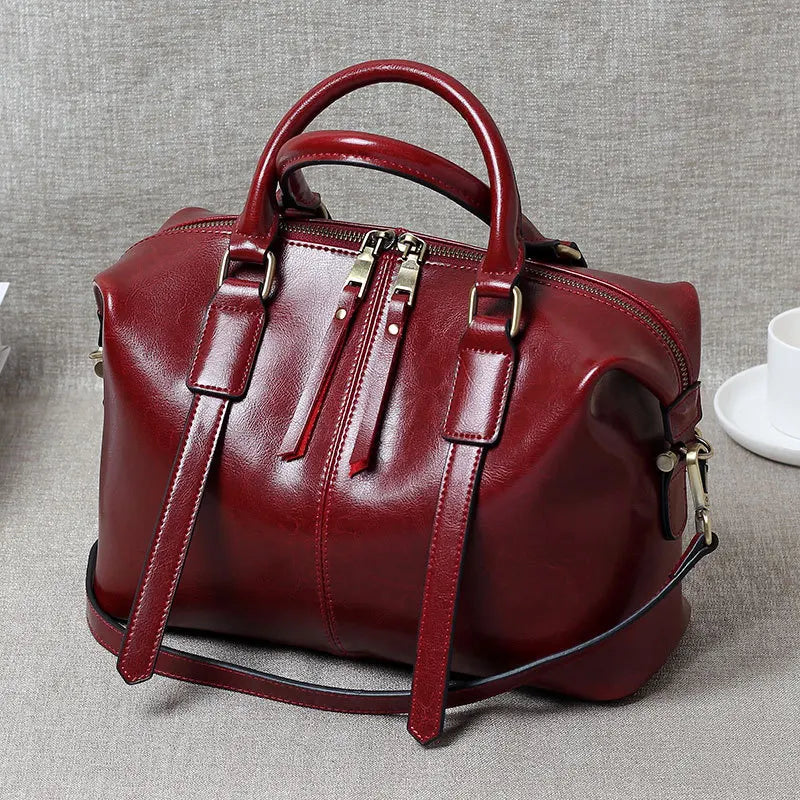 Retro Handheld Oil-Waxed Cowhide Leather Women's Boston Bag Large Capacity Trendy Women Shoulder Crossbody Bag Spacious Tote