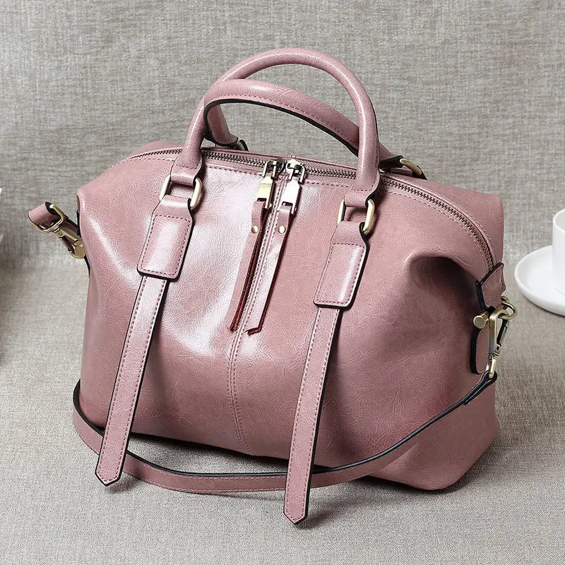 Retro Handheld Oil-Waxed Cowhide Leather Women's Boston Bag Large Capacity Trendy Women Shoulder Crossbody Bag Spacious Tote