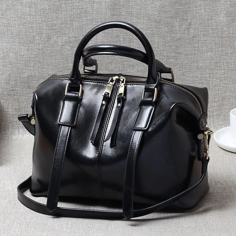 Retro Handheld Oil-Waxed Cowhide Leather Women's Boston Bag Large Capacity Trendy Women Shoulder Crossbody Bag Spacious Tote