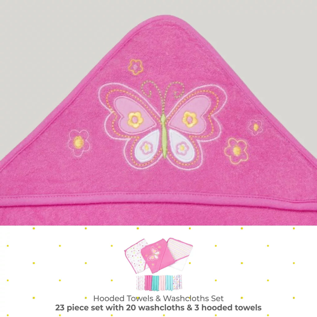 Bath Hooded Towels & Washcloths Set for Babies, 23-Piece Gift Set, Pink Butterfly